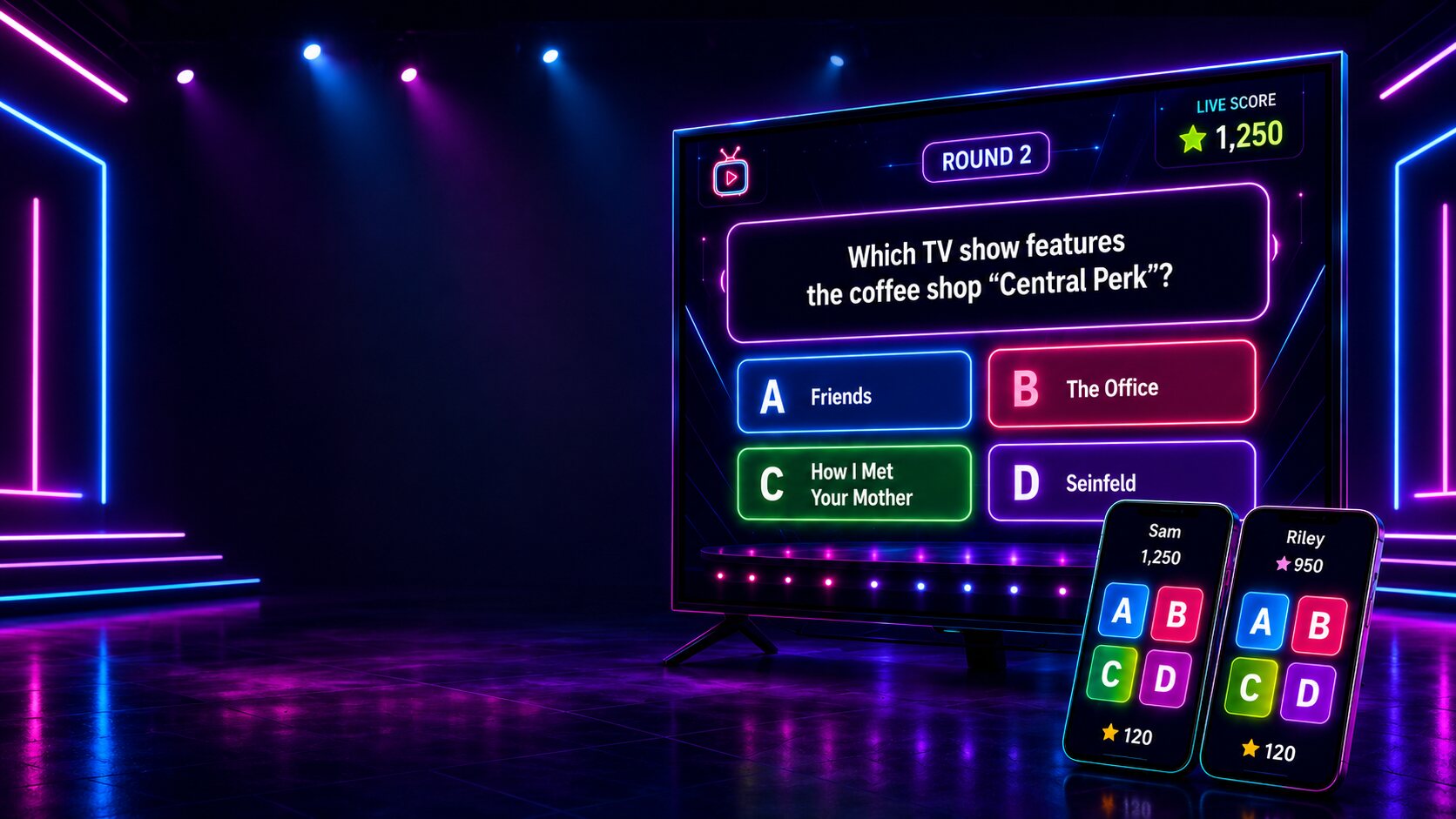 Jack's Tube Trivia on a TV as a neon game show — a trivia question with four A/B/C/D answers and a live score, plus two phones used as buzzers.